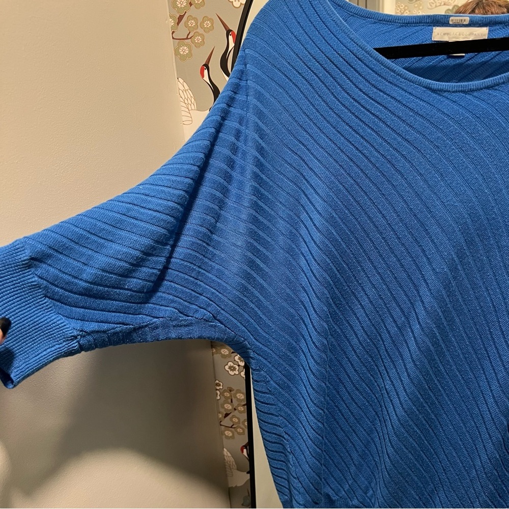 Retro NY&Co Blue Angle Stripe Knit Batwing Long 80s Style Sweater 3/4 Sleeve - Picture 3 of 4